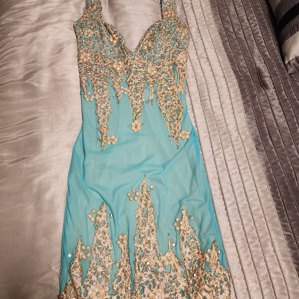 Turquoise and Gold Embellished Mini Dress